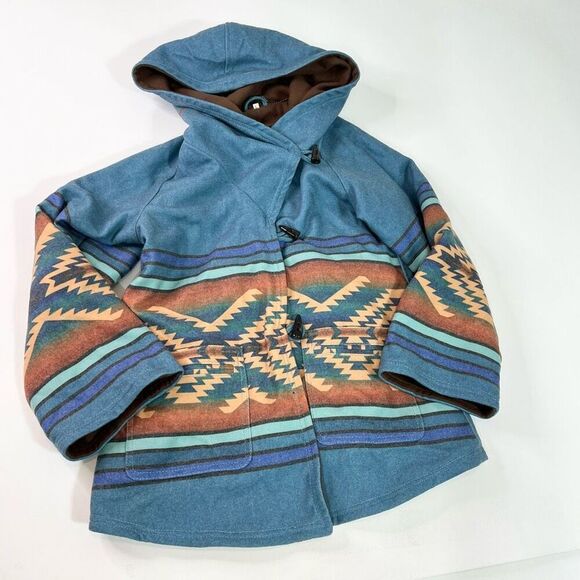 Yellowstone Beth Dutton Poncho Jacket Womens Large Blue Hooded Aztec Print - Picture 1 of 10